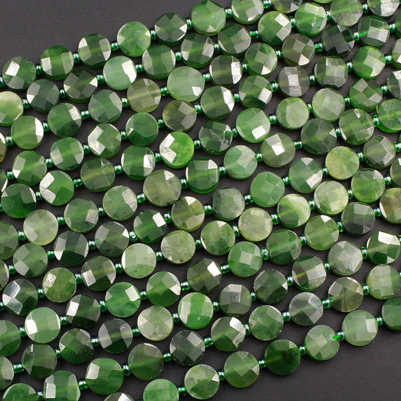 Natural Canadian Green Jade Faceted Coin Beads Flat Disc Laser Diamond Cut Real Genuine Green Jade Sharp Facets Gemstone 16" Strand