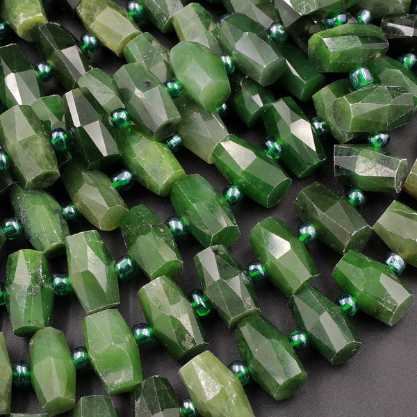 Natural Canadian Green Jade Faceted Barrel Tube Drum Beads Laser Diamond Cut Real Genuine Green Jade Sharp Facets Gemstone 16" Strand