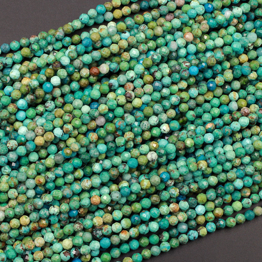Natural Turquoise 3mm 4mm Faceted Round Beads Real Genuine Natural Blue Green Turquoise Micro Diamond Cut 15.5" Strand