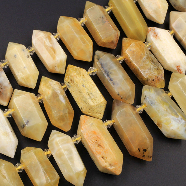 Natural Yellow Opal Faceted Double Terminated Points Top Side Drilled Healing Focal Pendant Bead African Opal Bicone Bullet 16" Strand