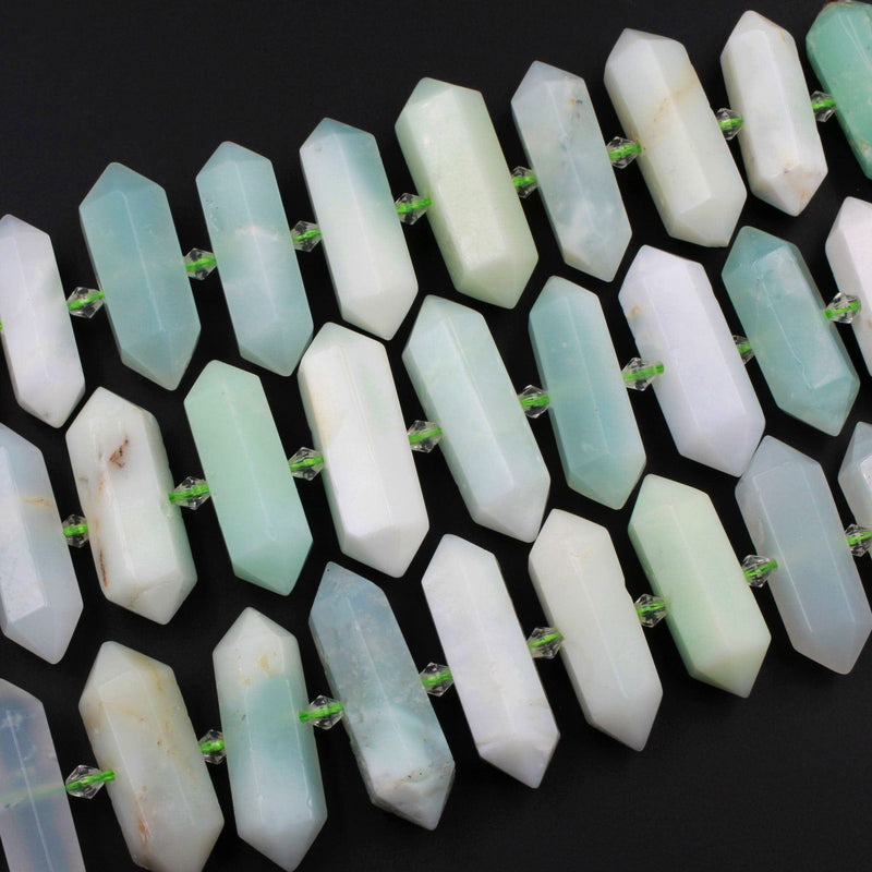 Natural Chrysoprase Center Drilled Double Terminated Crystal Faceted Focal Point Creamy Soft Green Beads 16" Strand