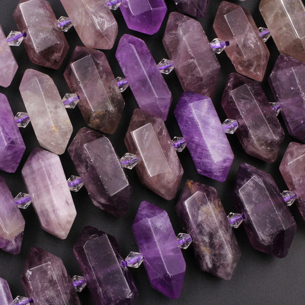 Natural Purple Amethyst Faceted Double Terminated Points Beads Center Drilled Healing Amethyst Crystal Focal Pendant 15.5" Strand