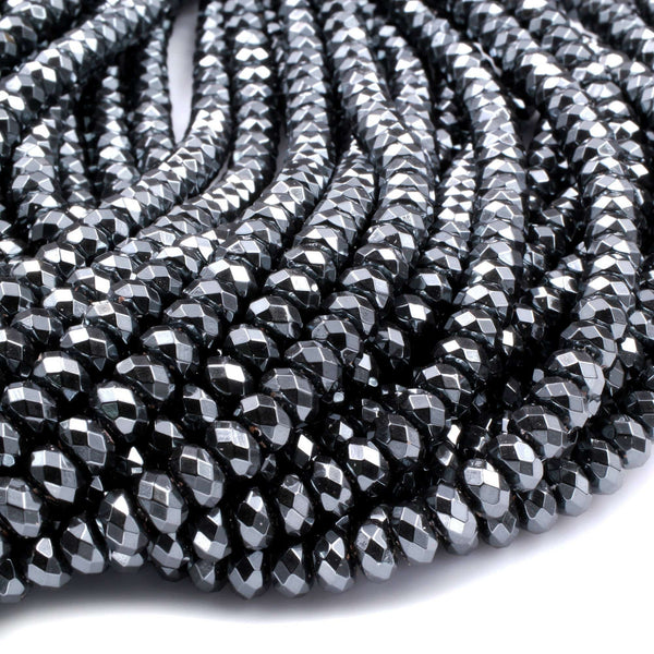 Faceted Hematite Rondelle beads 3mm 4mm 6mm 8mm Diamond Micro Cut Sparkling Natural Black Gemstone 15.5" Strand