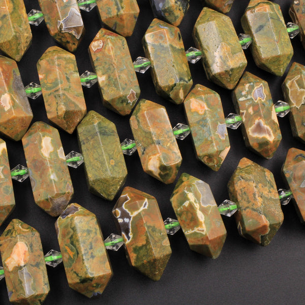 Natural Rainforest Rhyolite Jasper Faceted Double Terminated Pointed Tips Center Drilled Healing Focal Pendant Bead 16" Strand