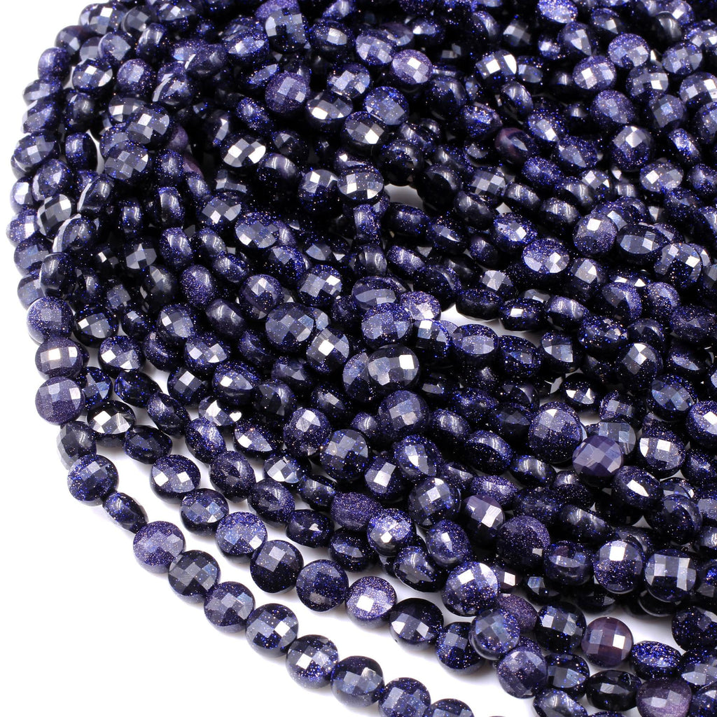 Sparkling Blue Goldstone Faceted 6mm Coin Beads Flat Disc Gemstone Diamond Cut 16" Strand