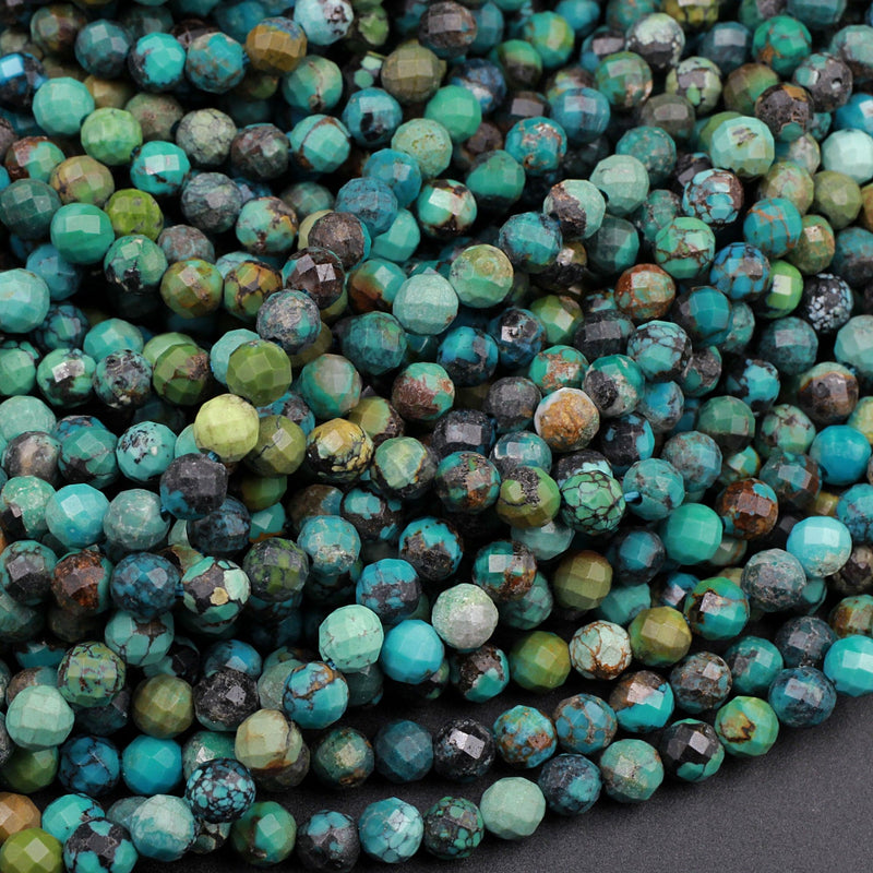 Natural Dragon Skin Turquoise Faceted 4mm Round Beads Real Genuine Natural Blue Green Brown Turquoise Micro Faceted Diamond Cut 16" Strand