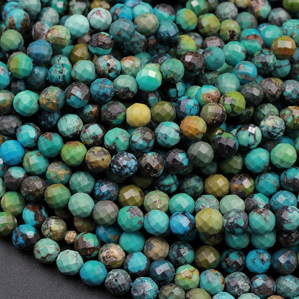 Natural Dragon Skin Turquoise Faceted 4mm Round Beads Real Genuine Natural Blue Green Brown Turquoise Micro Faceted Diamond Cut 16" Strand