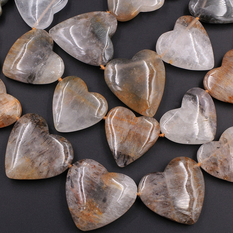 Rare Natural Cacoxenite in Quartz Beads Magnificent Large Heart Shaped Focal Pendant Top Side Drilled Gemstone 16" Strand