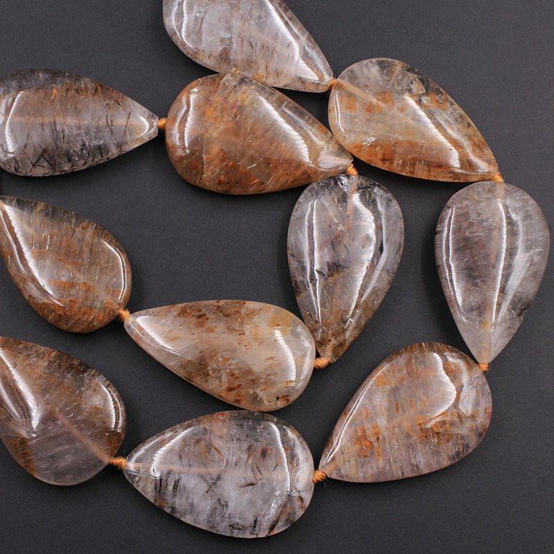 Rare Natural Cacoxenite in Quartz Beads Magnificent Large Teardrop Focal Pendant Center Drilled Gemstone Long 28" Strand