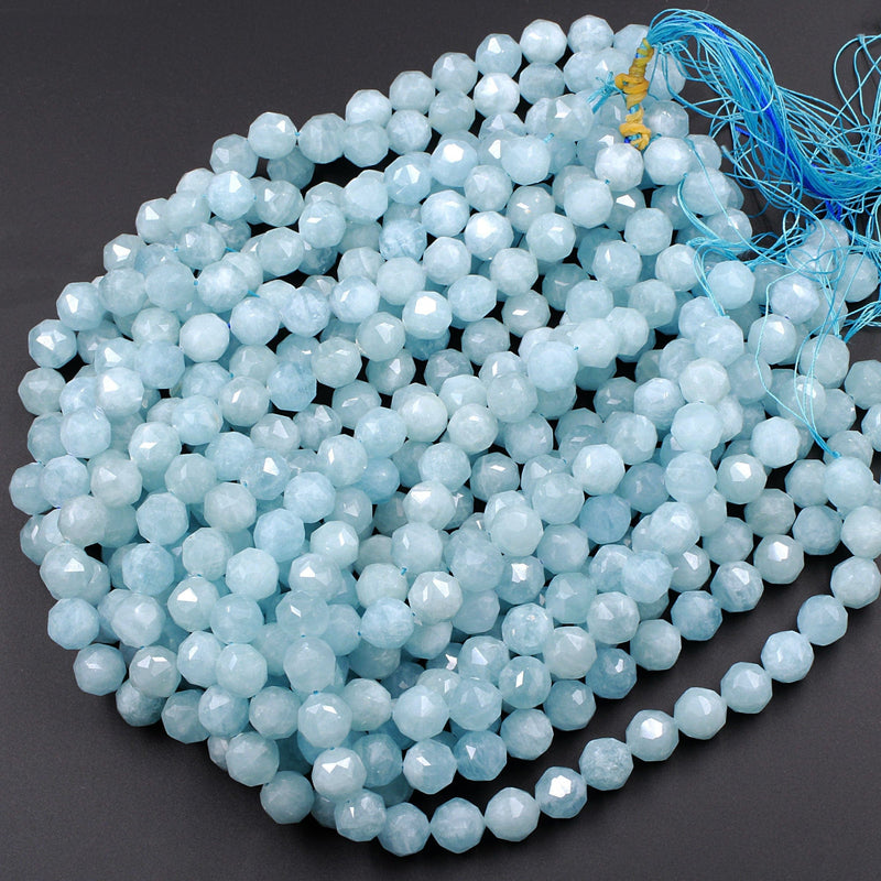 AAA Genuine Natural Blue Aquamarine Beads Faceted 6mm 8mm 10mm 12mm Round Gemstone New Double Hearted Star Cut 16" Strand