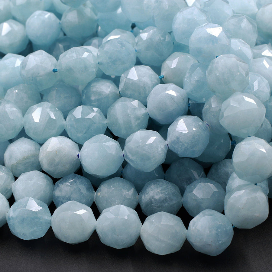 AAA Genuine Natural Blue Aquamarine Beads Faceted 6mm 8mm 10mm 12mm Round Gemstone New Double Hearted Star Cut 16" Strand