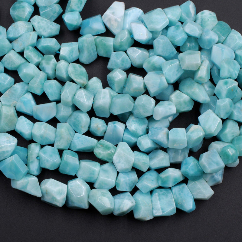 AAA Faceted Natural Blue Larimar Nuggets Chunky Center Dilled Freeform Beads Real Larimar Stone 16" Strand