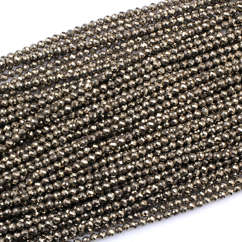 Micro Faceted Natural Iron Pyrite 2mm 3mm 4mm Round Beads Diamond Cut Gemstone 16" Strand