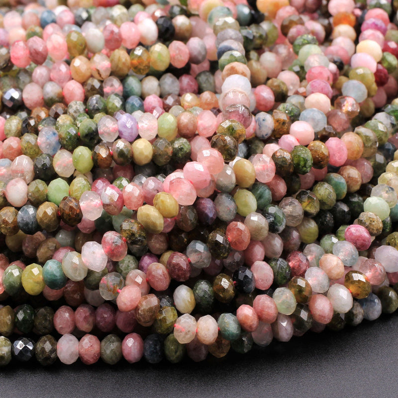 Micro Faceted Natural Multicolor Tourmaline Rondelle Beads 4mm 5mm Pink Green Watermelon Tourmaline Real Genuine Gemstone 16" Strand