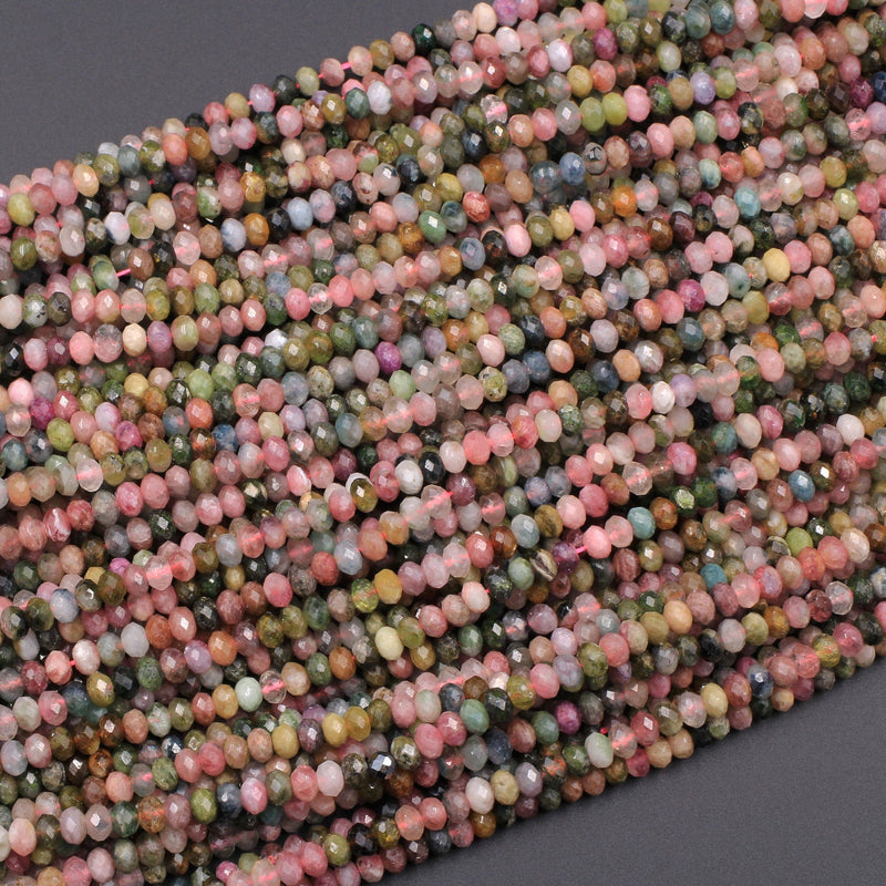 Micro Faceted Natural Multicolor Tourmaline Rondelle Beads 4mm 5mm Pink Green Watermelon Tourmaline Real Genuine Gemstone 16" Strand