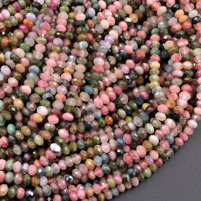 Micro Faceted Natural Multicolor Tourmaline Rondelle Beads 4mm 5mm Pink Green Watermelon Tourmaline Real Genuine Gemstone 16" Strand