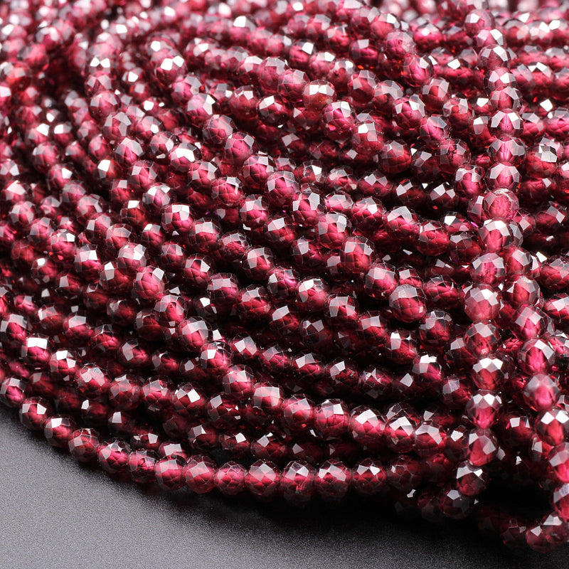 Micro Faceted Natural Red Garnet 3mm 4mm Faceted Round Beads Diamond Cut Gemstone 16" Strand