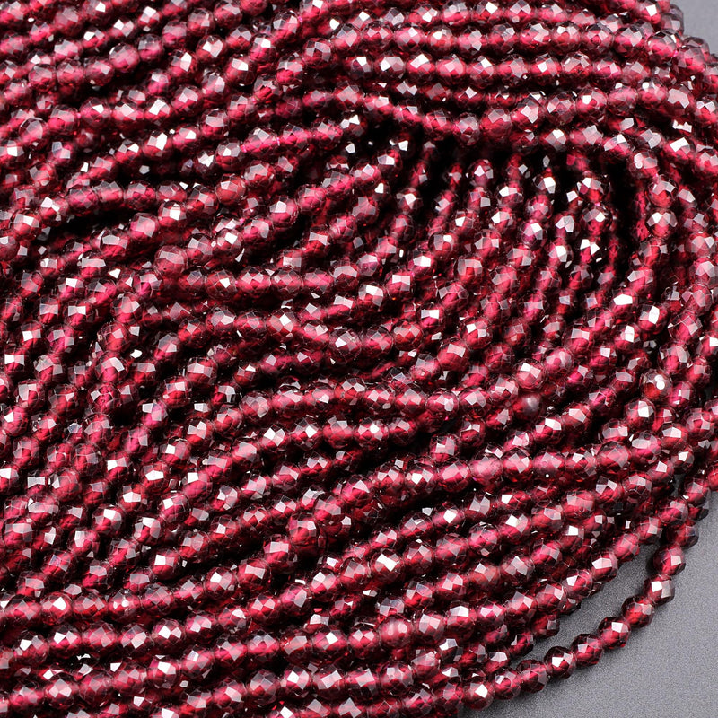 Micro Faceted Natural Red Garnet 3mm 4mm Faceted Round Beads Diamond Cut Gemstone 16" Strand