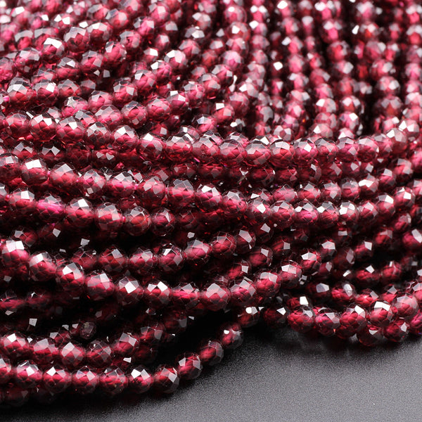 Micro Faceted Natural Red Garnet 3mm 4mm Faceted Round Beads Diamond Cut Gemstone 16" Strand