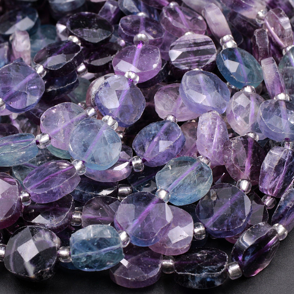 AAA Super Clear Natural Fluorite Faceted Square 10mm Cushion Sharp Facets Laser Diamond Cut Purple Green Blue Gemstone Beads 16" Strand