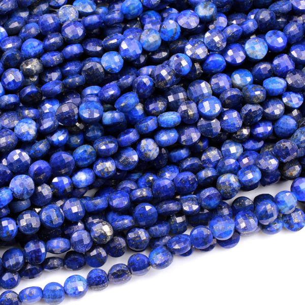 Natural Blue Lapis Faceted 4mm 6mm Coin Beads Flat Disc Gemstone Diamond Cut 16" Strand