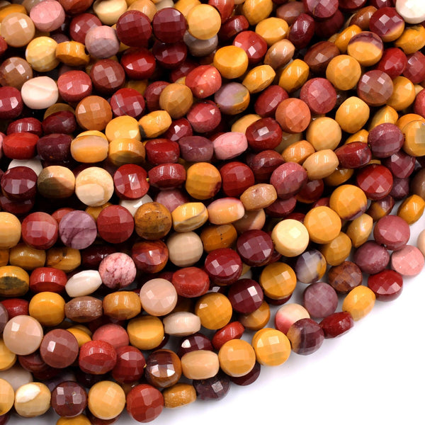 Micro Faceted Natural Australian Mookaite Jasper 6mm Coin Beads Flat Disc Maroon Red Orange Yellow Sunset Colors Gemstone 15.5" Strand