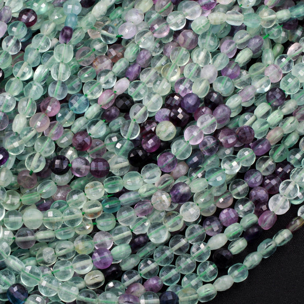 Micro Faceted Natural Fluorite 6mm Coin Beads Flat Disc Purple Green Gemstone 16" Strand