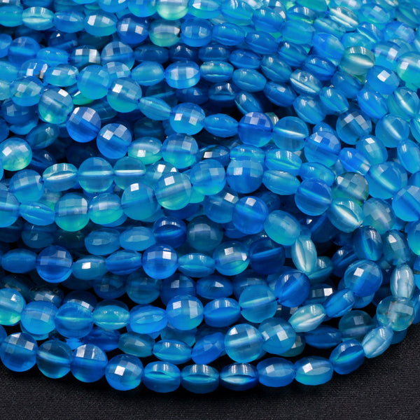 Micro Faceted Blue Agate 6mm Coin Beads Flat Disc Gemstone 16" Strand