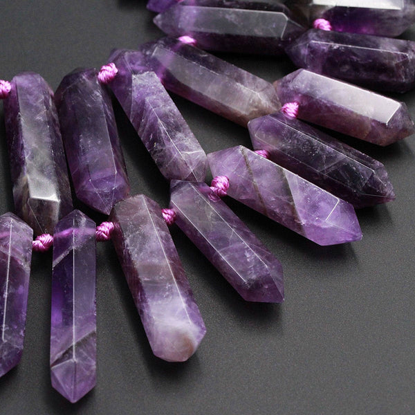 Natural Purple Amethyst Faceted Double Terminated Pointed Beads Top Side Drilled Large Healing Amethyst Crystal Focal Pendant 15.5" Strand