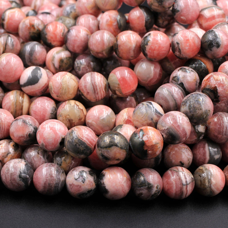 Natural Pink Rhodochrosite Beads Round 4mm 5mm 6mm 7mm 8mm 9mm 10mm 11mm 12mm Pink Red Gemstone Interesting Black Iron Matrix 16" Strand
