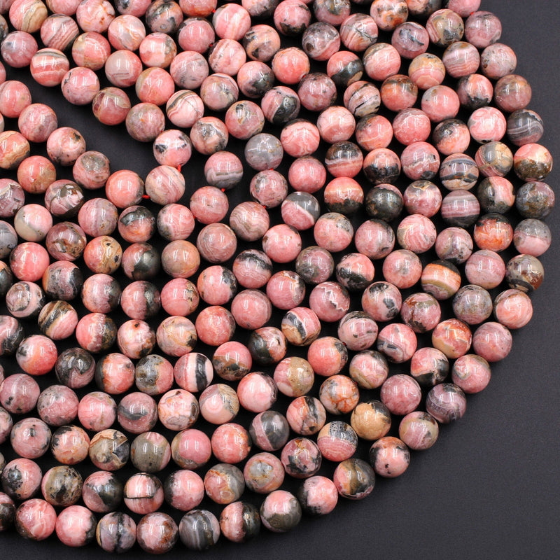 Natural Pink Rhodochrosite Beads Round 4mm 5mm 6mm 7mm 8mm 9mm 10mm 11mm 12mm Pink Red Gemstone Interesting Black Iron Matrix 16" Strand