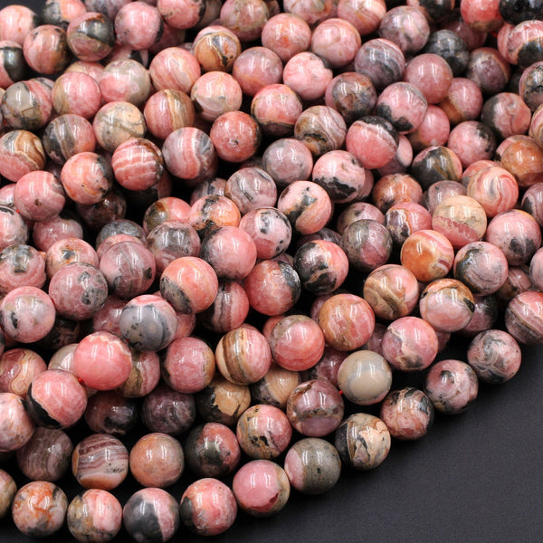 Natural Pink Rhodochrosite Beads Round 4mm 5mm 6mm 7mm 8mm 9mm 10mm 11mm 12mm Pink Red Gemstone Interesting Black Iron Matrix 16" Strand