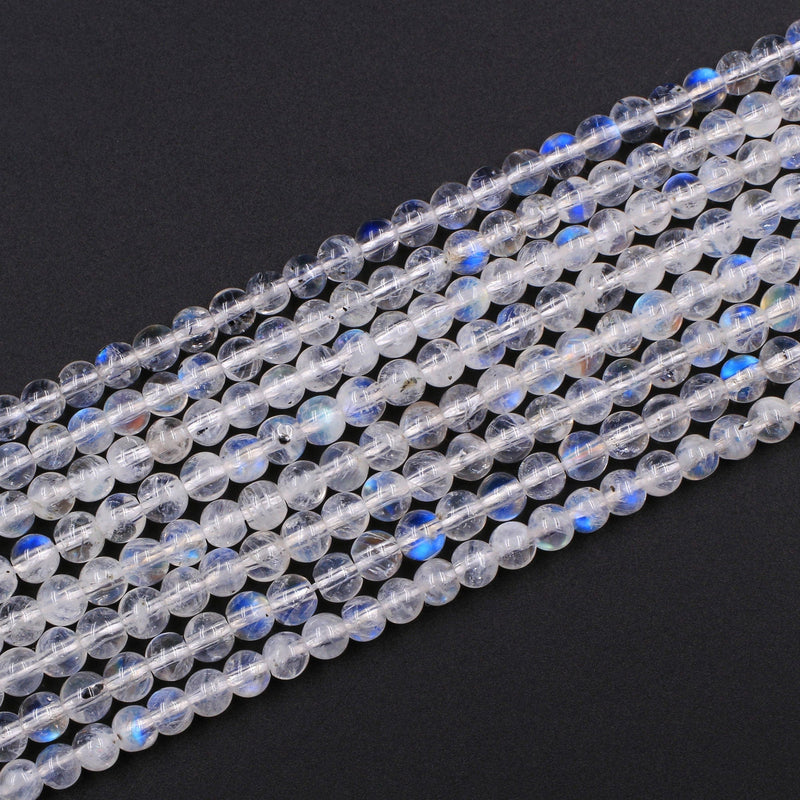 Natural Rainbow Moonstone 4mm Round Beads Extra Blue Flashes Super Translucent Real Genuine Gemstone 16" Strand