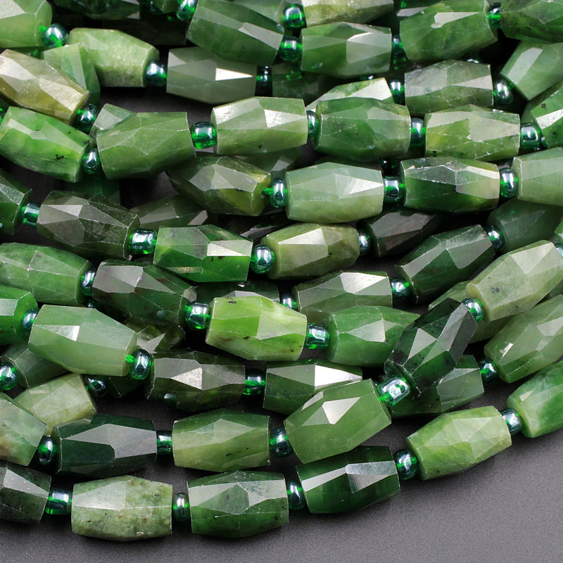 Natural Canadian Green Jade Faceted Barrel Tube Drum Beads Laser Diamond Cut Real Genuine Green Jade Sharp Facets Gemstone 16" Strand