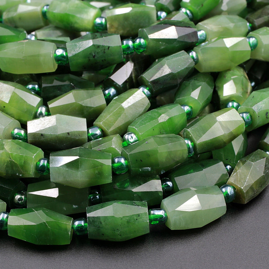 Natural Canadian Green Jade Faceted Barrel Tube Drum Beads Laser Diamond Cut Real Genuine Green Jade Sharp Facets Gemstone 15.5" Strand
