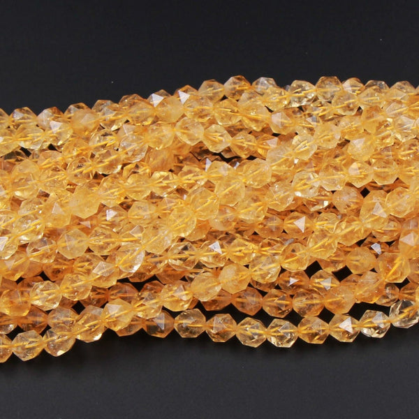 Star Cut Natural Citrine 8mm Faceted Beads Rounded Nuggets Geometric Cut Sharp Large Facets Real Genuine Citrine Gemstone 16" Strand