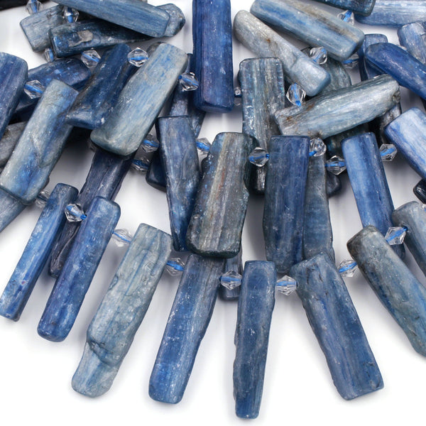 Side Drilled Raw Natural Blue Kyanite Long Rectangle Bead Focal Pendant Freeform Irregular Long Spike Gemstone Beads Rough Cut 16" Strand