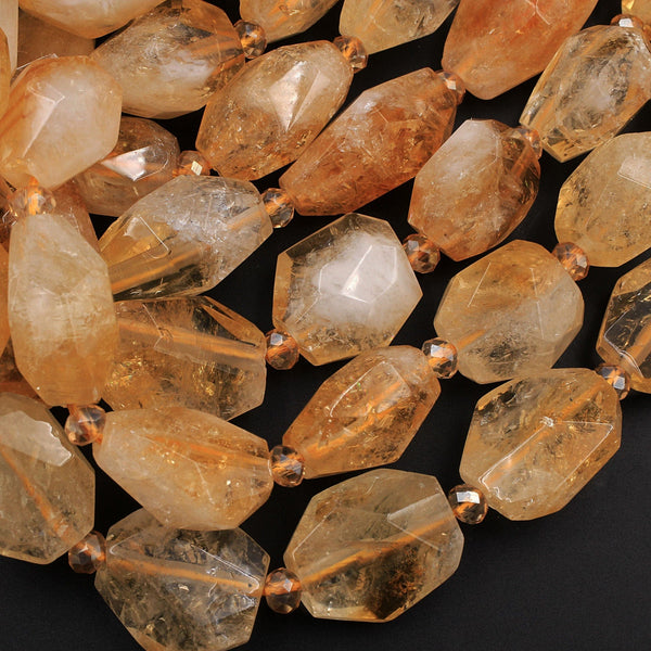 AAA Natural Golden Citrine Free Form Nugget Faceted Geometric Cut Large Citrine Orange Golden Gemstone Super Gemmy 16" Strand
