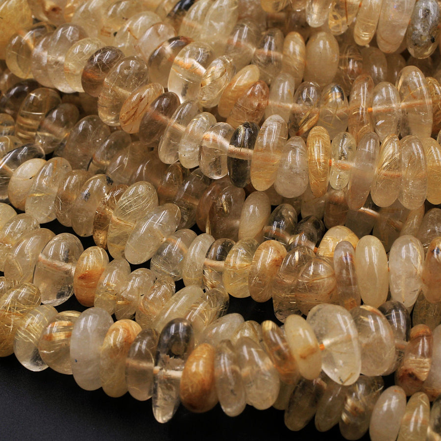 Large Natural Golden Rutile Quartz Freeform Rondelle Beads Gold Yellow Rutilated Quartz Tons of Sharp Rutile Hair Needle 16" Strand