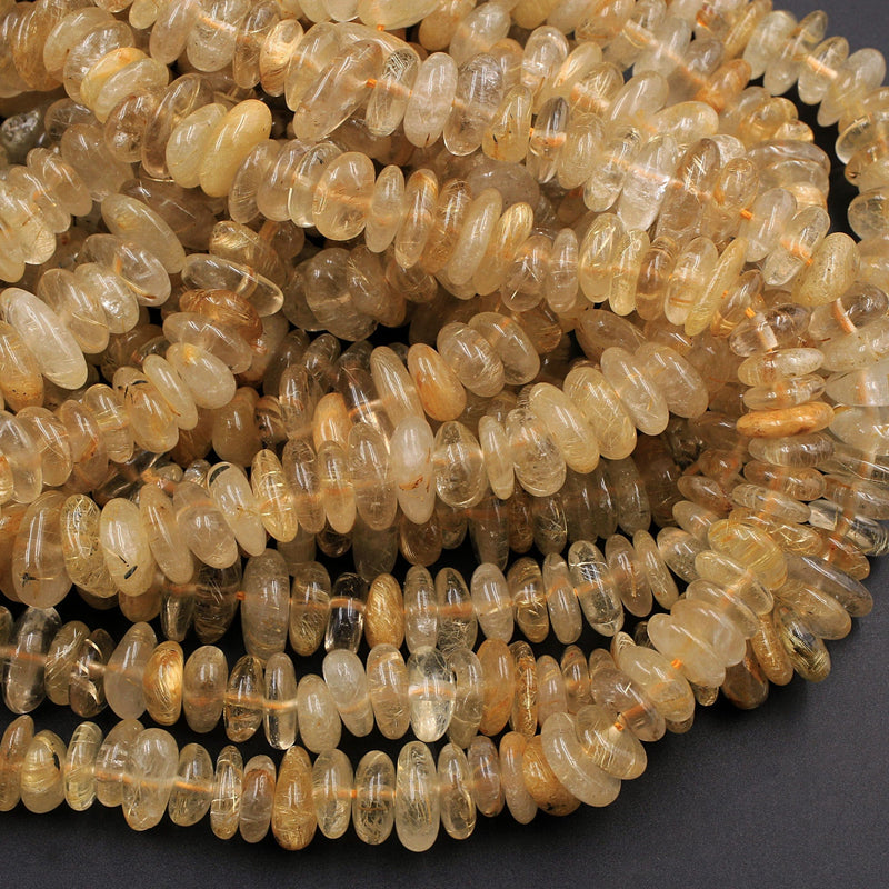 Large Natural Golden Rutile Quartz Freeform Rondelle Beads Gold Yellow Rutilated Quartz Tons of Sharp Rutile Hair Needle 16" Strand