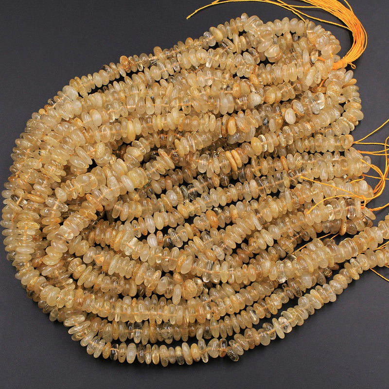 Large Natural Golden Rutile Quartz Freeform Rondelle Beads Gold Yellow Rutilated Quartz Tons of Sharp Rutile Hair Needle 16" Strand