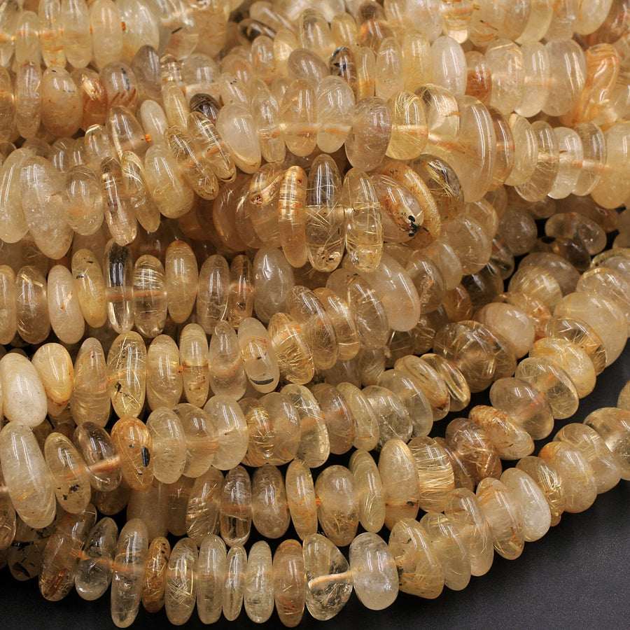 Large Natural Golden Rutile Quartz Freeform Rondelle Beads Gold Yellow Rutilated Quartz Tons of Sharp Rutile Hair Needle 16" Strand