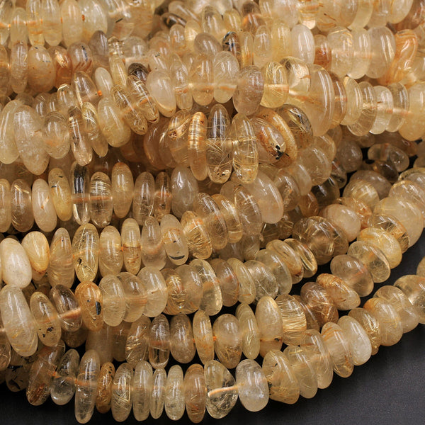 Large Natural Golden Rutile Quartz Freeform Rondelle Beads Gold Yellow Rutilated Quartz Tons of Sharp Rutile Hair Needle 16" Strand