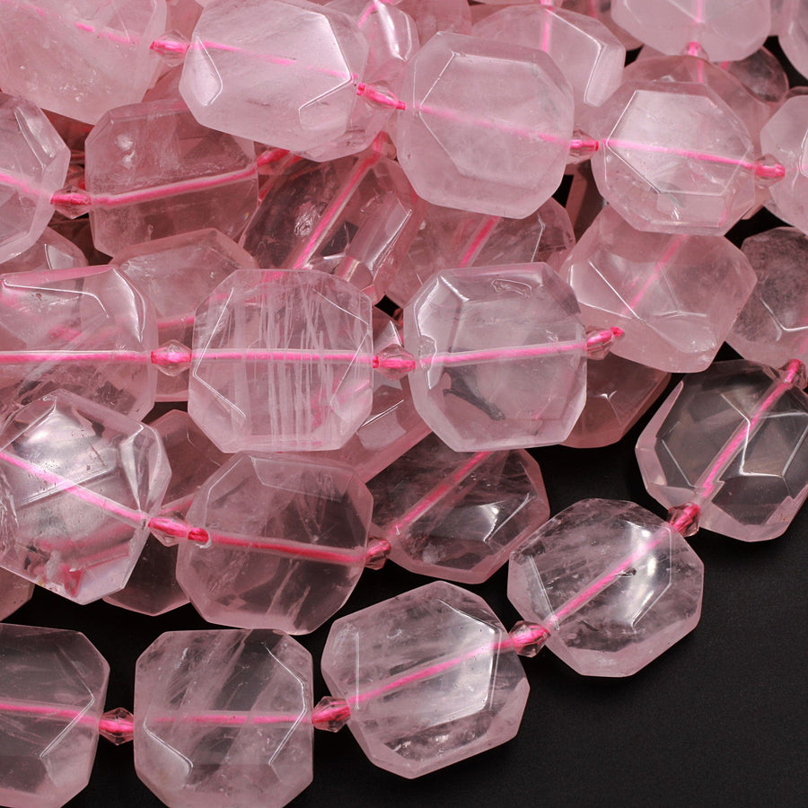Natural Pink Rose Quartz Beads Large Faceted Square Octagon Cushion Center Drilled Flat Slice 16" Strand