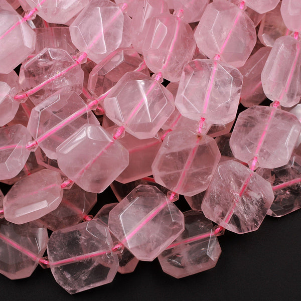 Natural Pink Rose Quartz Beads Large Faceted Square Octagon Cushion Center Drilled Flat Slice 16" Strand