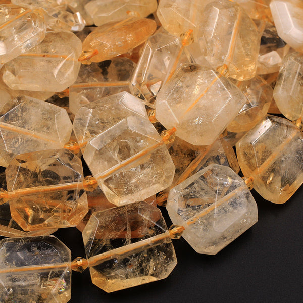 Natural Golden Citrine Square Faceted Octagon Beads Geometric Cut Large Center Drilled Cushion Citrine Gemstone Super Gemmy 16" Strand