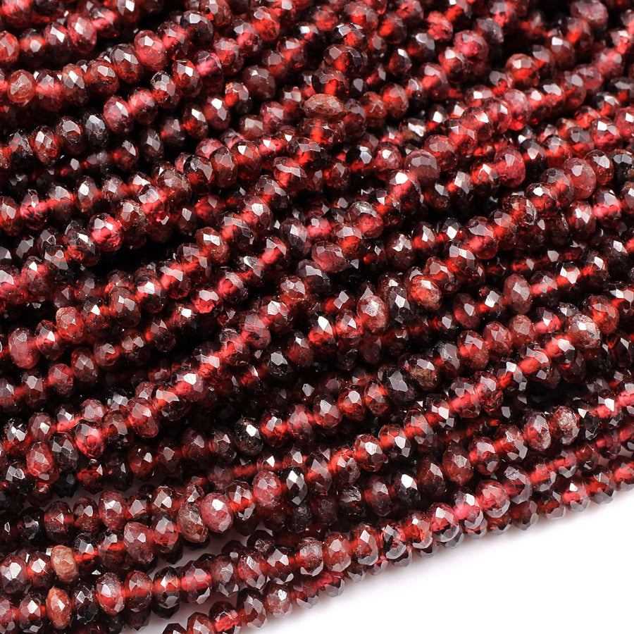 Micro Faceted Natural Red Garnet 4mm Faceted Rondelle Beads Sparkly Diamond Cut Gemstone 16" Strand