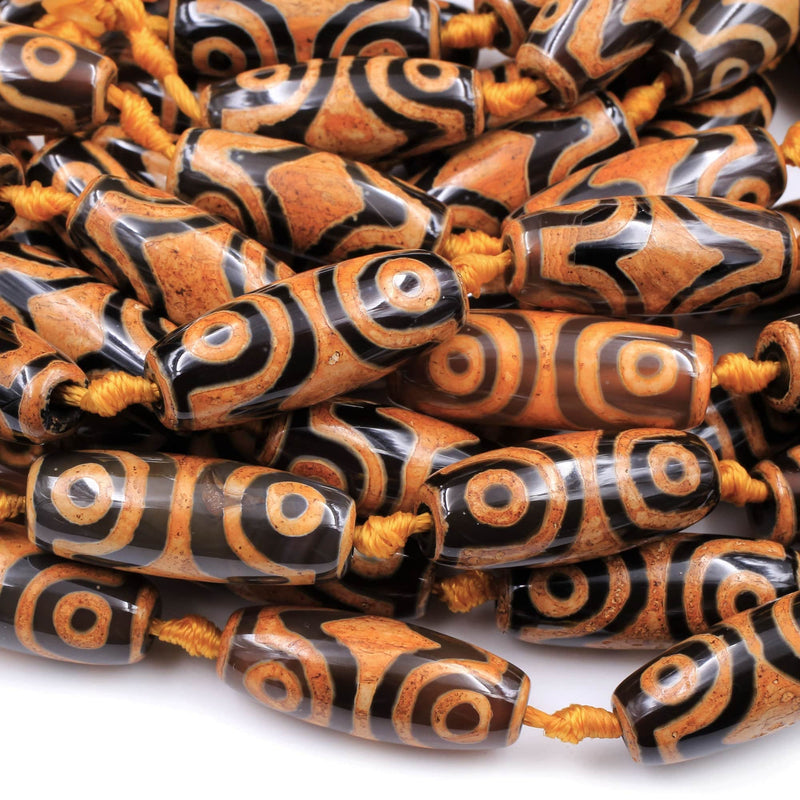 Large Tibetan Agate Barrel Drum Cylinder Tube 30mm Beads Dzi Agate Bright Yellow Orange Brown Etched Eye Antique Boho Beads 16" Strand