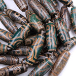 Large Tibetan Agate Barrel Drum Cylinder Tube 40mm Beads Dzi Agate Serene Green Brown Etched Eye Antique Boho Beads 16" Strand