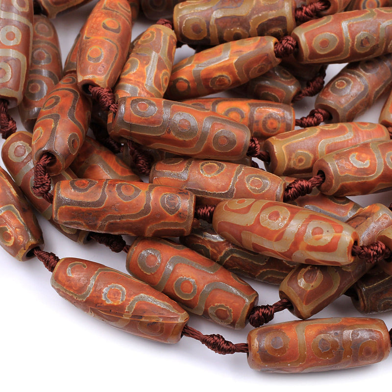 Large Tibetan Agate Barrel Drum Cylinder Tube 30mm Beads Dzi Agate Brown Etched Eye Antique Boho Beads 16" Strand
